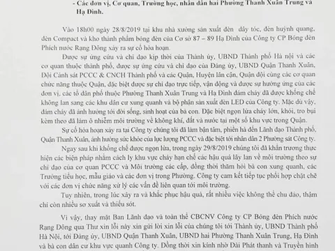 Lãnh đạo Công ty Rạng Đông gửi thư xin lỗi người dân sau sự cố hỏa hoạn