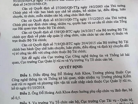 Điều động con Thứ trưởng bộ Tài chính giữ chức trưởng phòng tại Tổng cục Hải quan