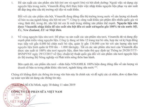 Vinamilk bác tin đồn sai sự thật về nguồn nguyên liệu để sản xuất sữa
