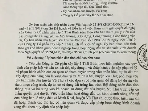 UBND tỉnh Thái Bình chỉ đạo xử lý cây xăng không phép tại huyện Vũ Thư