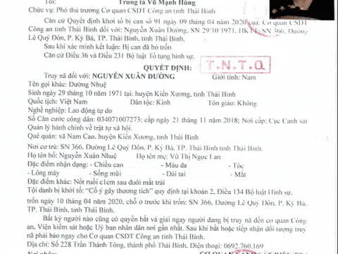 Truy nã Nguyễn Xuân Đường - chồng nữ đại gia bất động sản Thái Bình