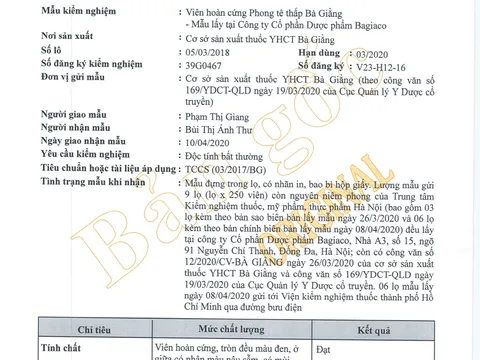 Kết quả kiểm nghiệm trên 02 mẫu bổ sung khẳng định chất lượng thuốc phong tê thấp Bà Giằng