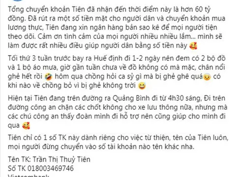 Thủy Tiên thông báo số tiền quyên góp ủng hộ miền Trung đã lên đến 60 tỷ đồng