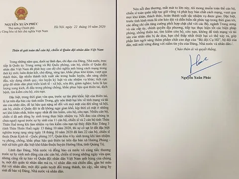 Thư của Thủ tướng Nguyễn Xuân Phúc gửi Quân đội nhân dân Việt Nam