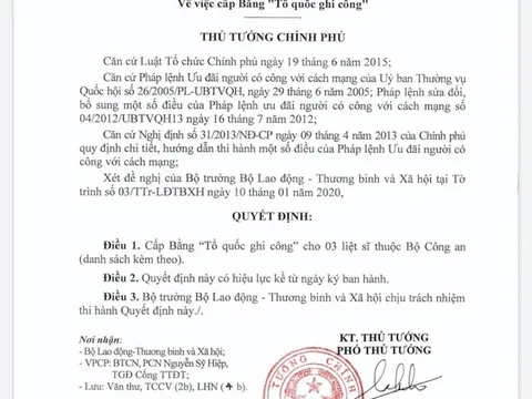 Cấp bằng Tổ quốc ghi công cho ba chiến sĩ hi sinh ở Đồng Tâm