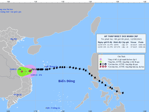 Áp thấp nhiệt đới suy yếu từ cơn bão số 5 ở trên biển từ Đà Nẵng đến Quảng Ngãi