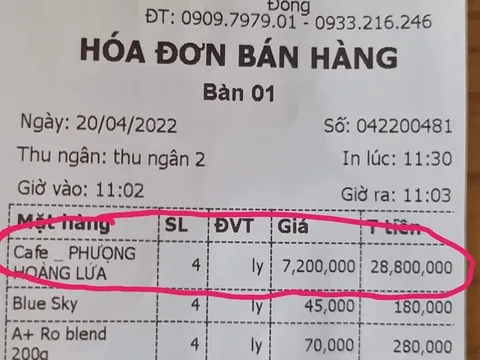 Vụ 4 ly cà phê 'Phượng hoàng lửa' giá 28,8 triệu đồng: Chủ quán tự in hoá đơn