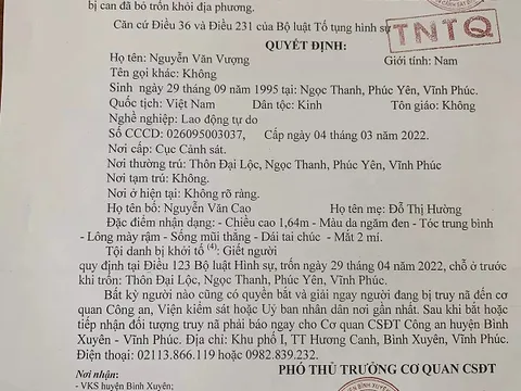 Truy nã đối tượng giết người đặc biệt nguy hiểm ở Vĩnh Phúc