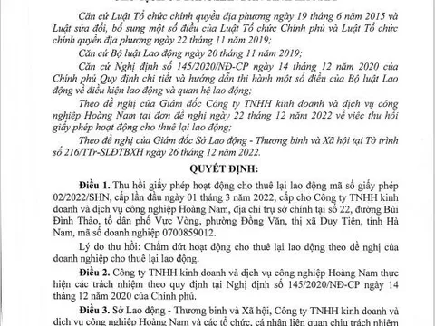 Thu hồi giấy phép hoạt động cho thuê lại lao động của Công ty kinh doanh và dịch vụ công nghiệp Hoàng Nam