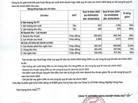 Công ty Hùng Hậu lợi nhuận quý 3/2024 tăng 234%